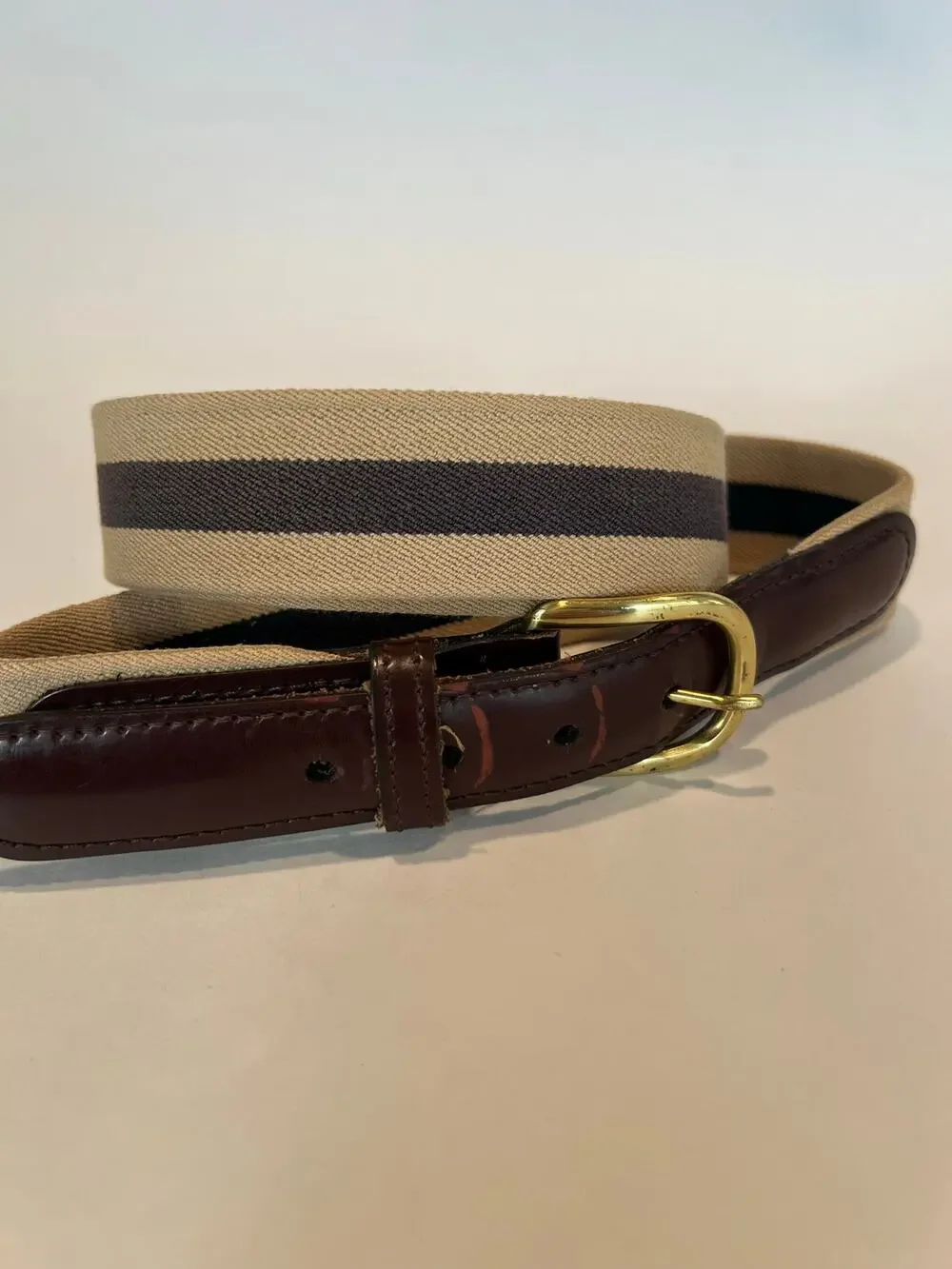 Vintage Leather & Fabric Belt Solid Brass Tan Blue 38 SG